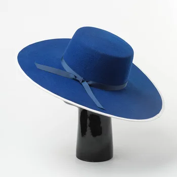 Шерстяные 100% шляпы для женщин, Мужская модная шляпа с плоским верхом, Женская модная роскошная кепка для подиума, Осенняя кепка с широкими полями 14 см шапка женская