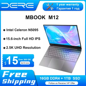 Ноутбуки DERE M12, 15,6-дюймовый 2.5K IPS, 16 ГБ оперативной памяти + 1 ТБ SSD-накопителя, Intel Celeron N5095, Офисный обучающий компьютер Windows 11 Notebook