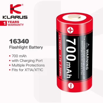 Аккумулятор Klarus 16340 для фонарика, 700 мАч, Непрерывный разряд, Многократная защита, подходит для XT1A/XT1C