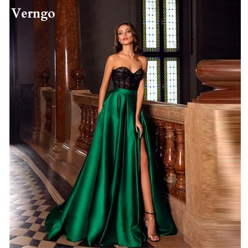 Verngo 2021 Элегантные Изумрудно-зеленые Атласные Длинные Вечерние Платья, Черные Кружевные Платья для Выпускного Вечера с разрезом, Вечернее платье с бантом