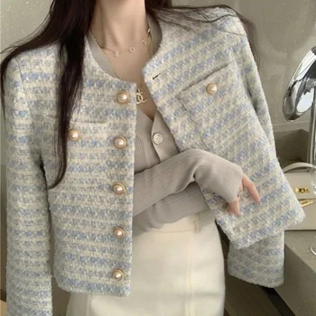 Хоучжоу, синий твидовый пиджак в корейском стиле, женские элегантные и шикарные короткие куртки Оверсайз, Уличная мода, Новинка в эстетике пальто