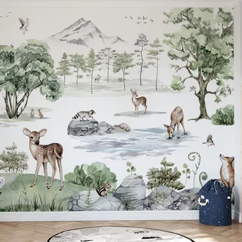 Обои для детской комнаты с лесными животными, Олень в лесу зимой, настенная роспись для детей